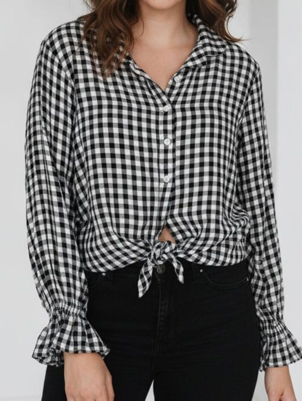 Sleeper Womens Sz M Long Sleeve Button Up Gingham Shirt Black White Country